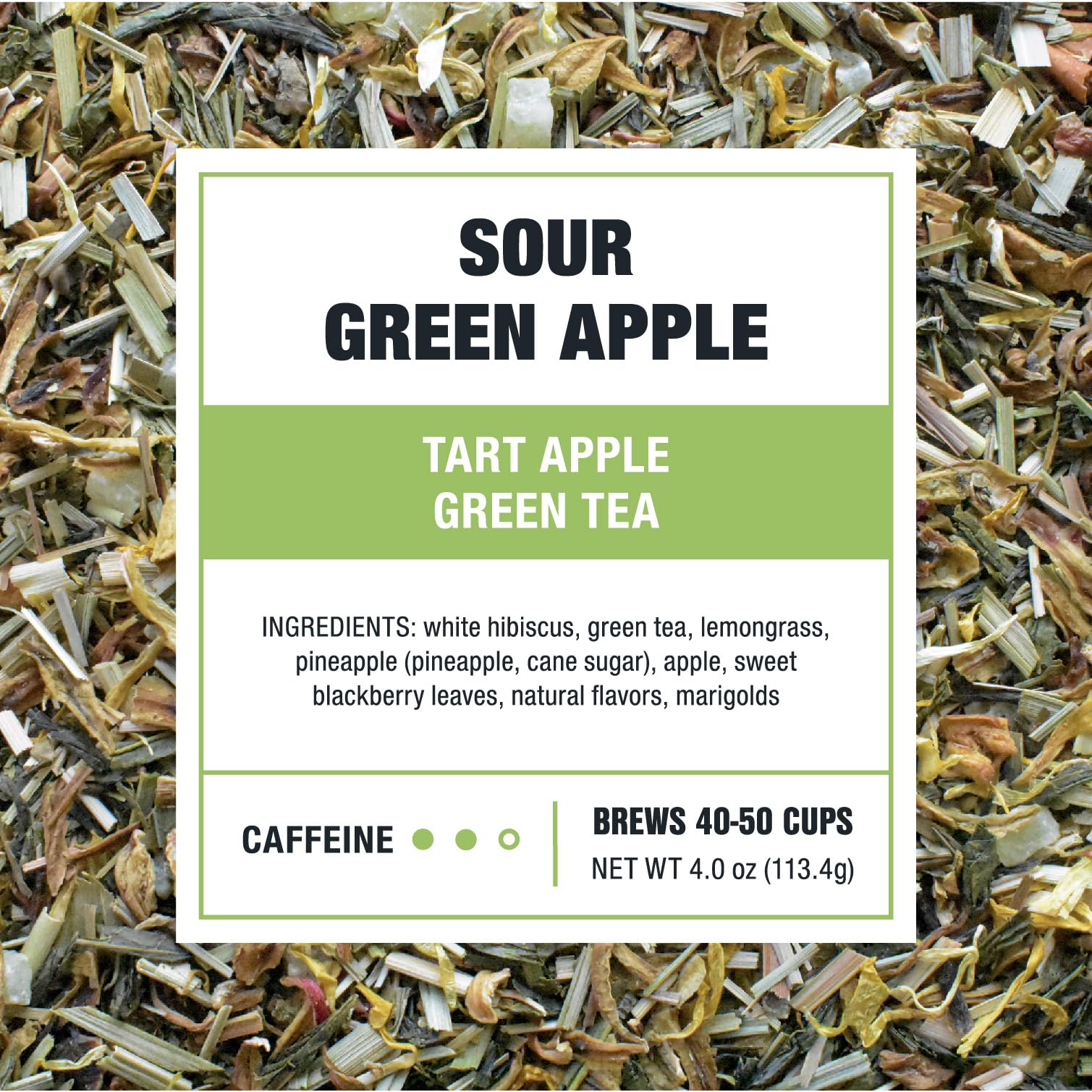 Tiesta Tea Sour Green Apple refillable tin shown, designed to keep tea fresh and ready to brew
