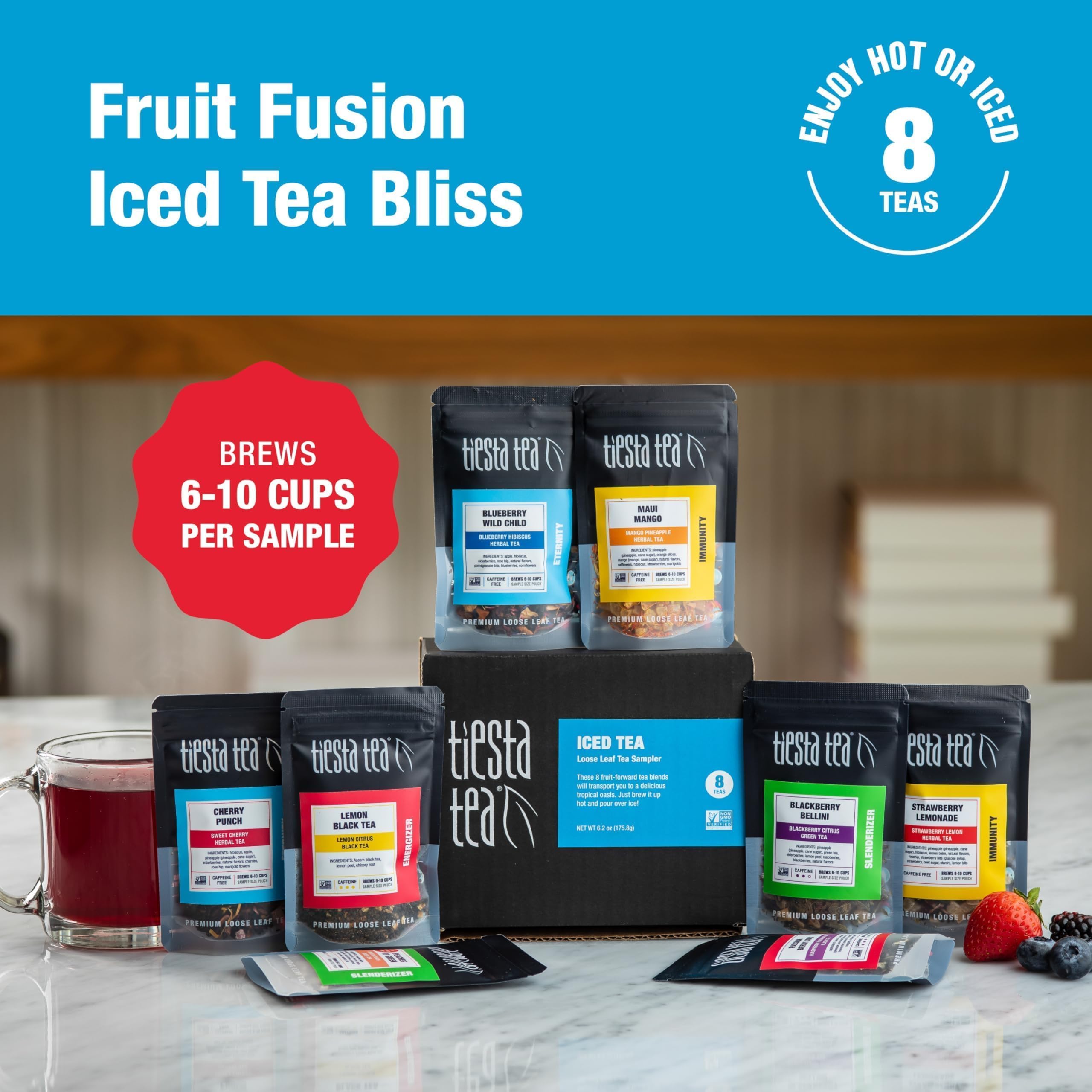 Eight blends displayed for versatile, caffeine-varied iced tea options.
