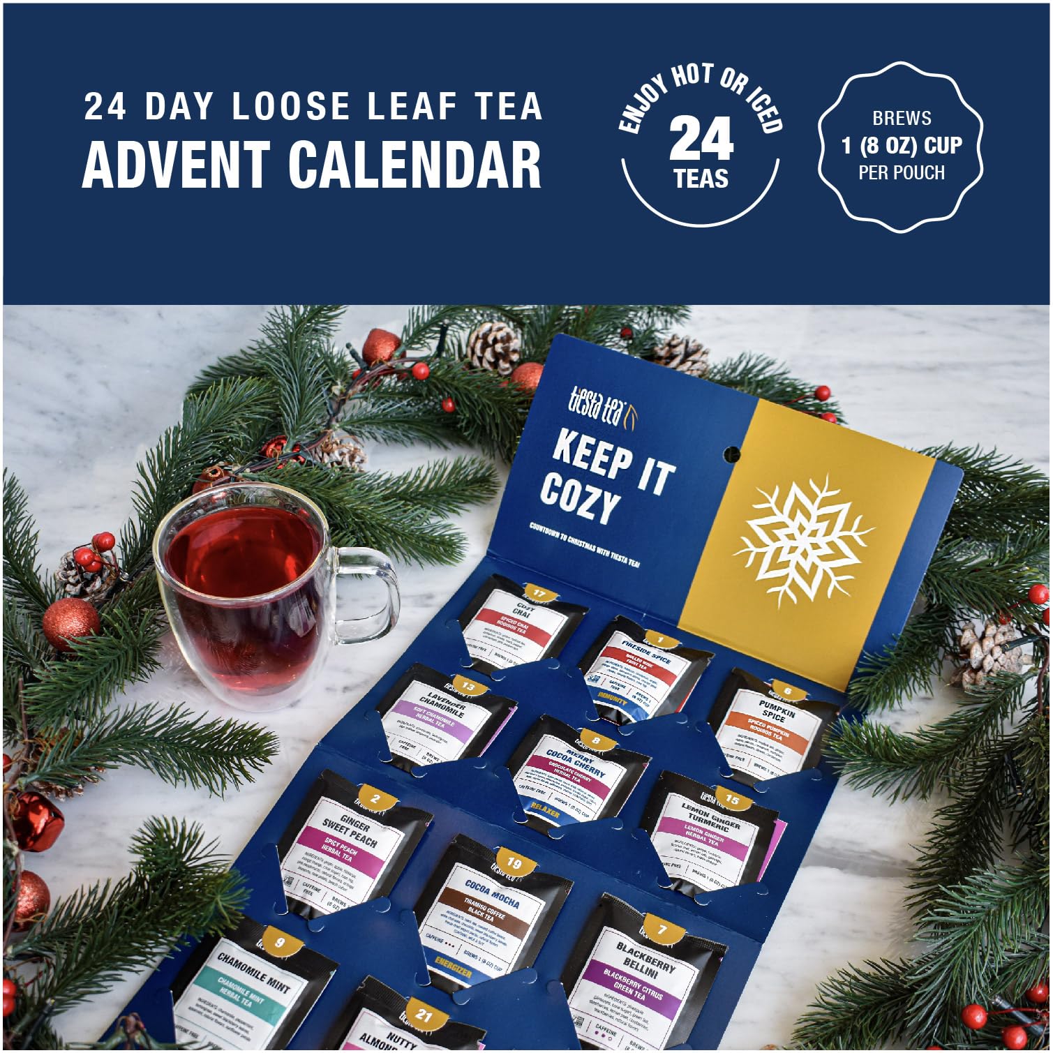 Tiesta Tea advent calendar inside view showing 24 blends for daily tasting