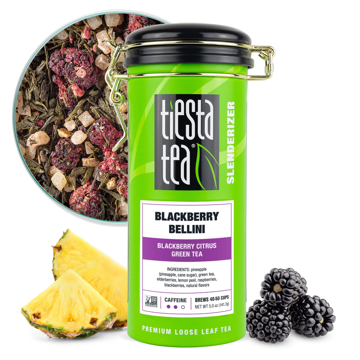 Tiesta Tea Blackberry Bellini tin front, premium loose leaf blend for a refined tea ritual.