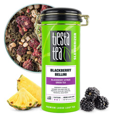 Tiesta Tea Blackberry Bellini tin front, premium loose leaf blend for a refined tea ritual.
