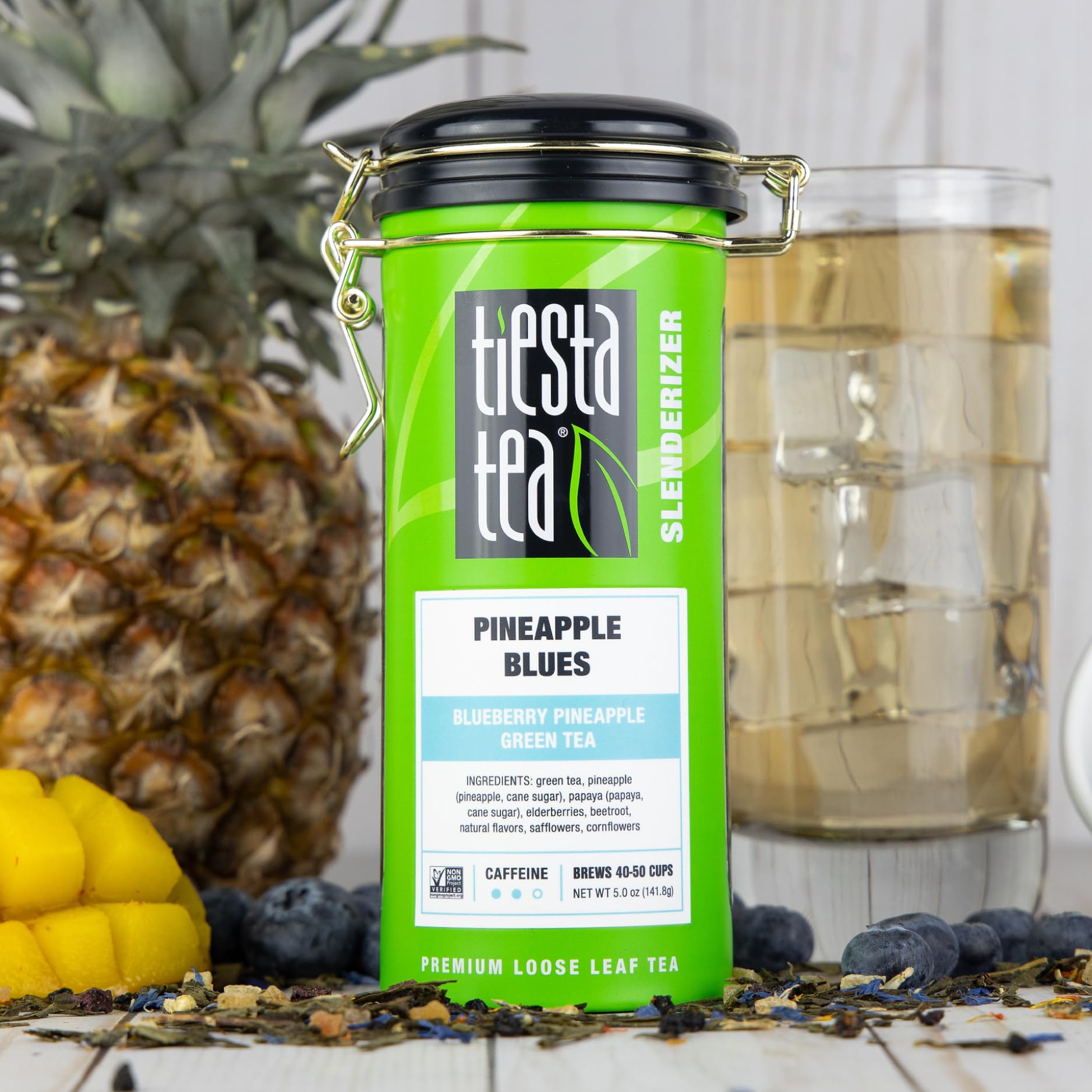 Tiesta Tea Blueberry Pineapple Green Tea cup pour showcases refreshing hot or iced option