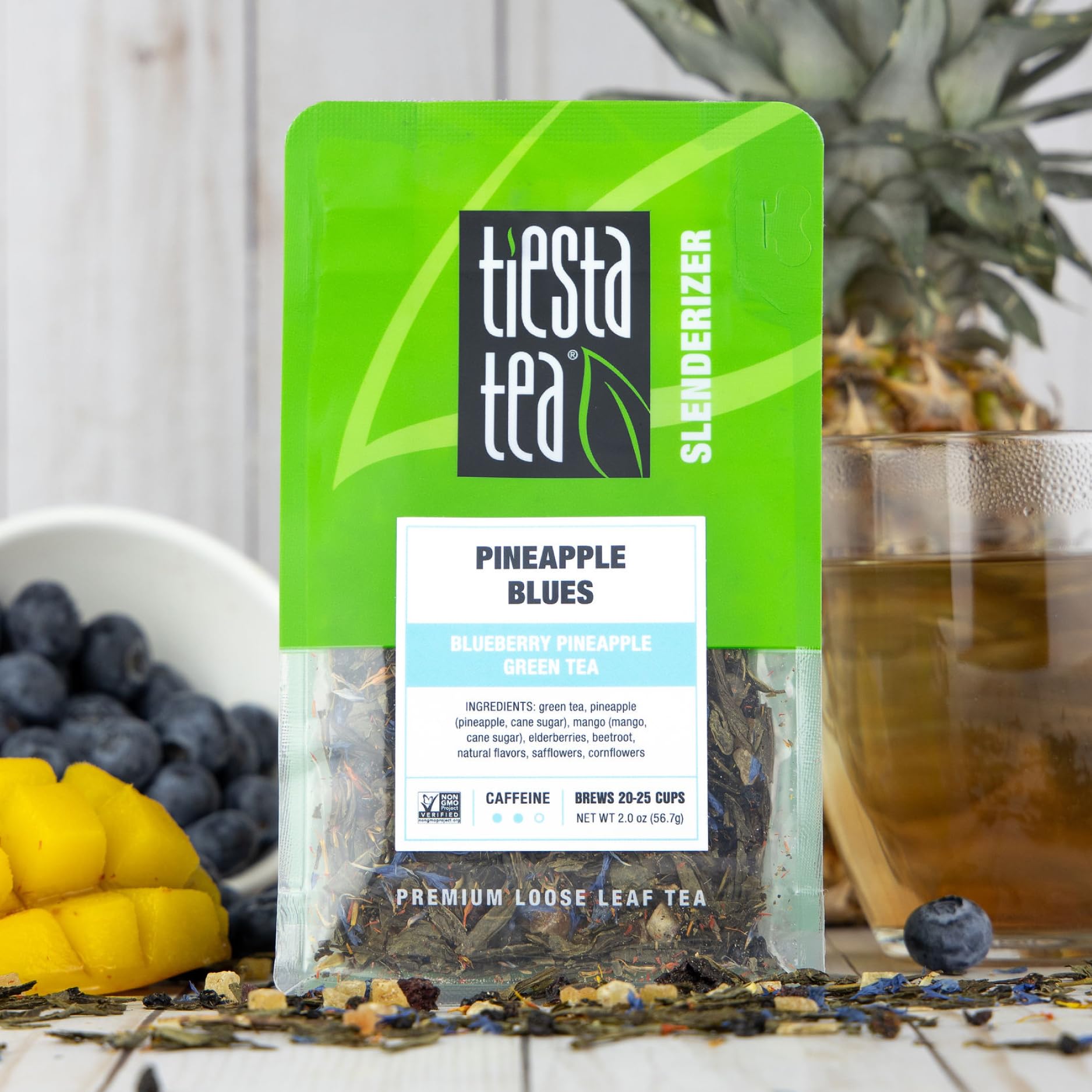 Tiesta Tea Blueberry Pineapple Green Tea leaves show vibrant color and premium quality.
