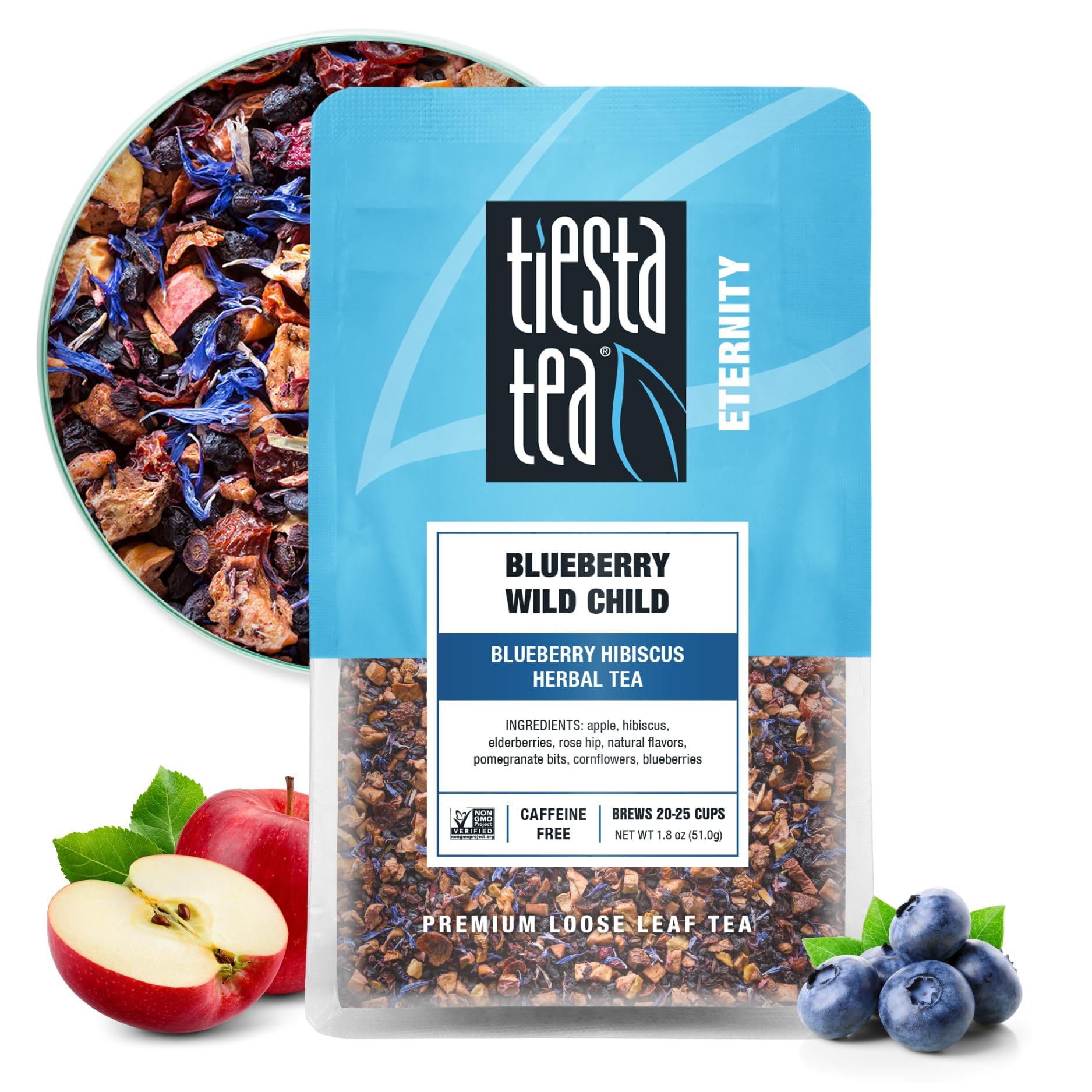 Tiesta Tea Blueberry Wild Child cup close-up, caffeine-free fruit infusion ideal hot or iced