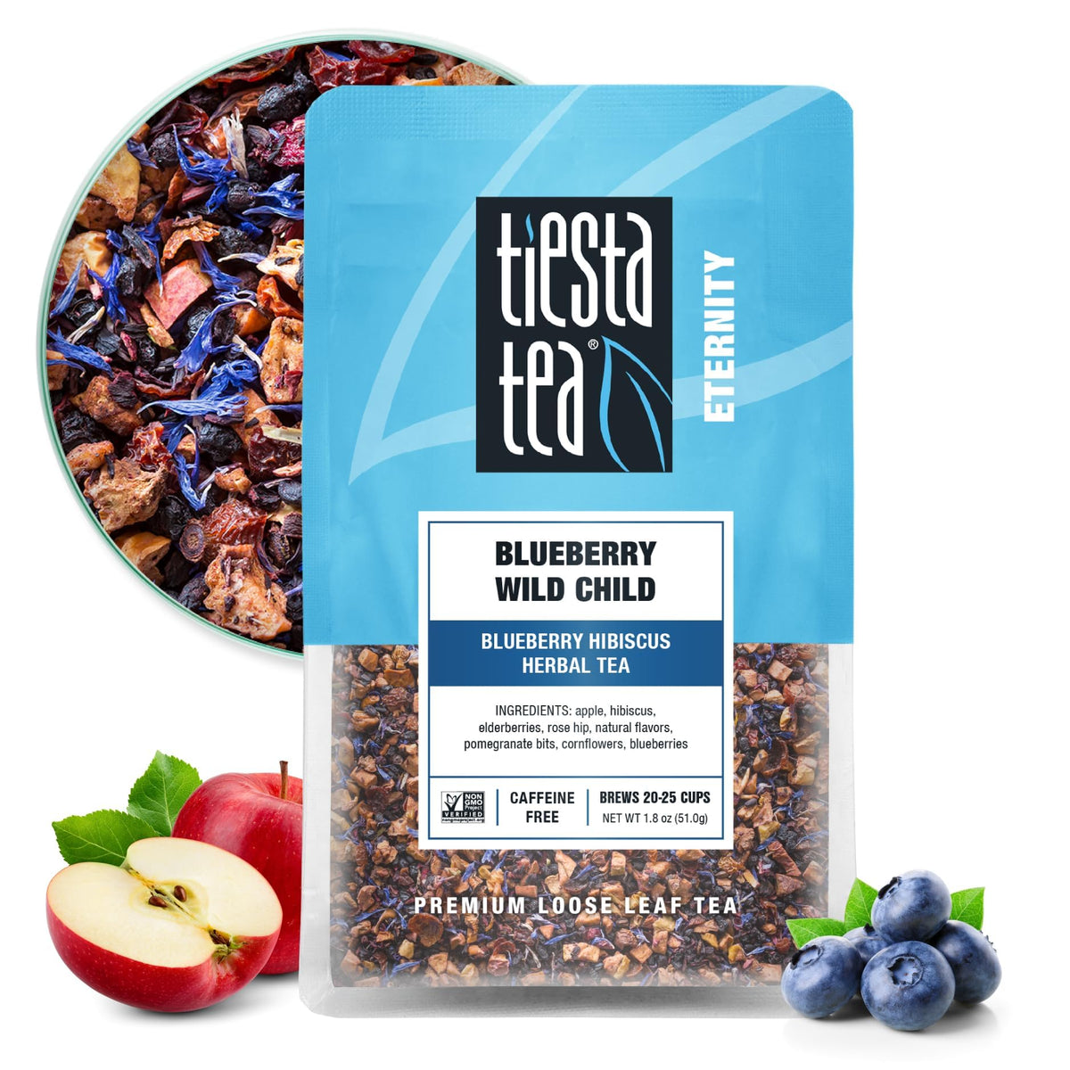 Tiesta Tea Blueberry Wild Child cup close-up, caffeine-free fruit infusion ideal hot or iced