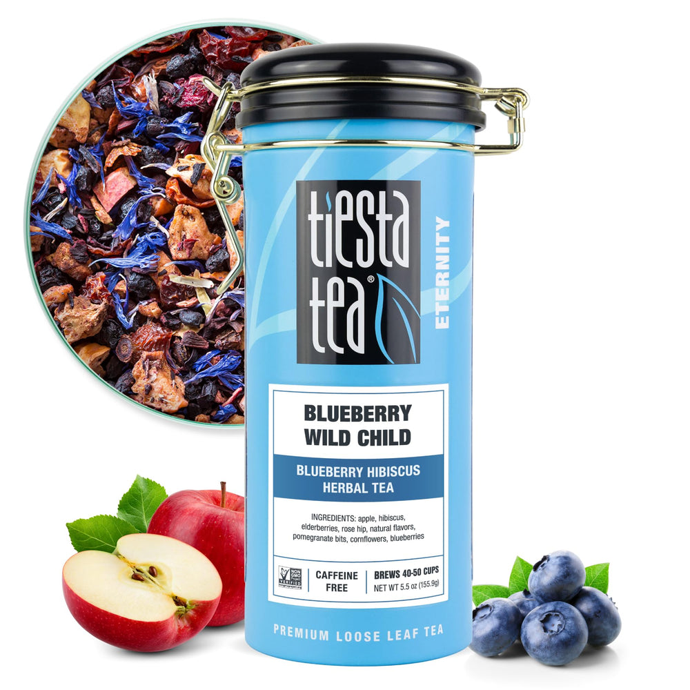 Tiesta Tea Blueberry Wild Child loose leaf close-up, a caffeine-free fruity blend for hot or iced