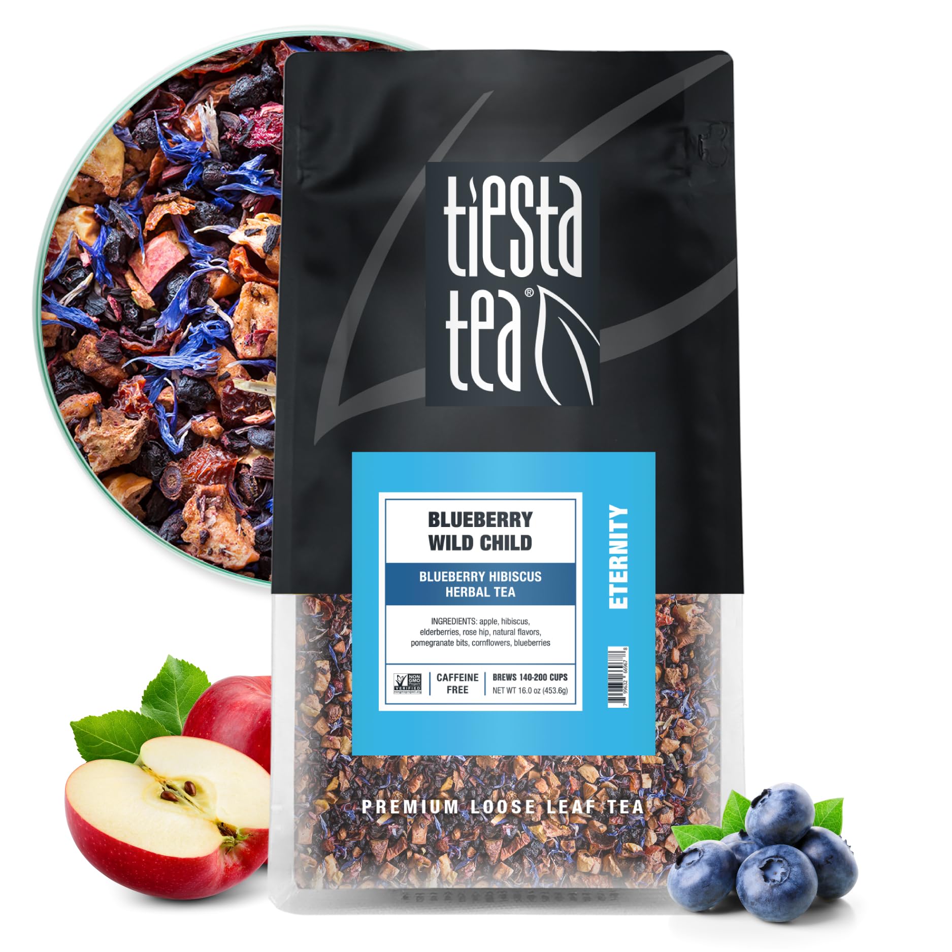Tiesta Tea Blueberry Wild Child loose-leaf tea for a vibrant, caffeine-free cup.