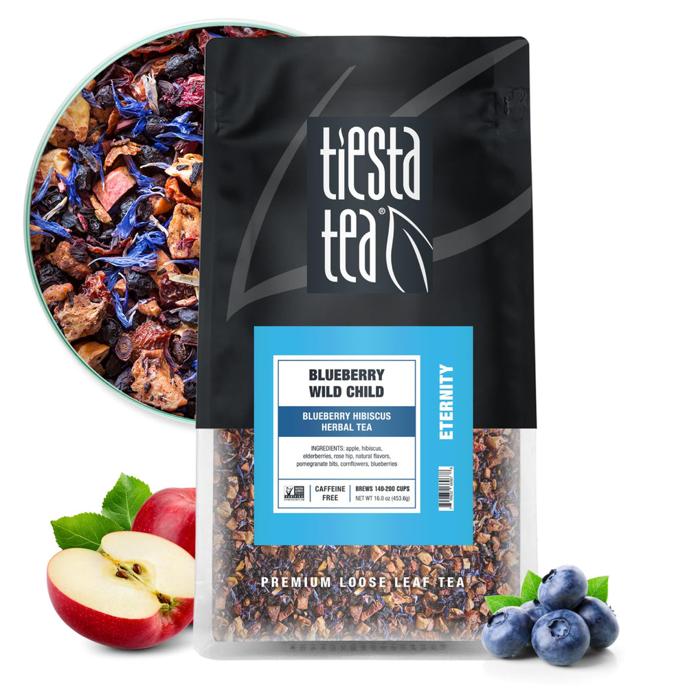 Tiesta Tea Blueberry Wild Child loose-leaf tea for a vibrant, caffeine-free cup.