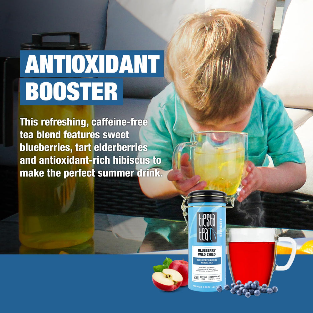 Tiesta Tea Blueberry Wild Child reusable tin keeps flavors fresh and ready