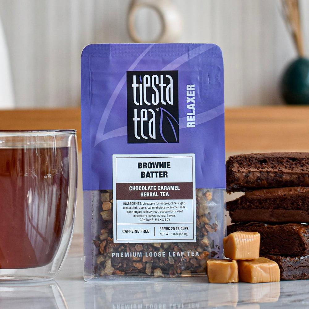 Tiesta Tea Brownie Batter cocoa shells close-up highlights chocolate aroma.