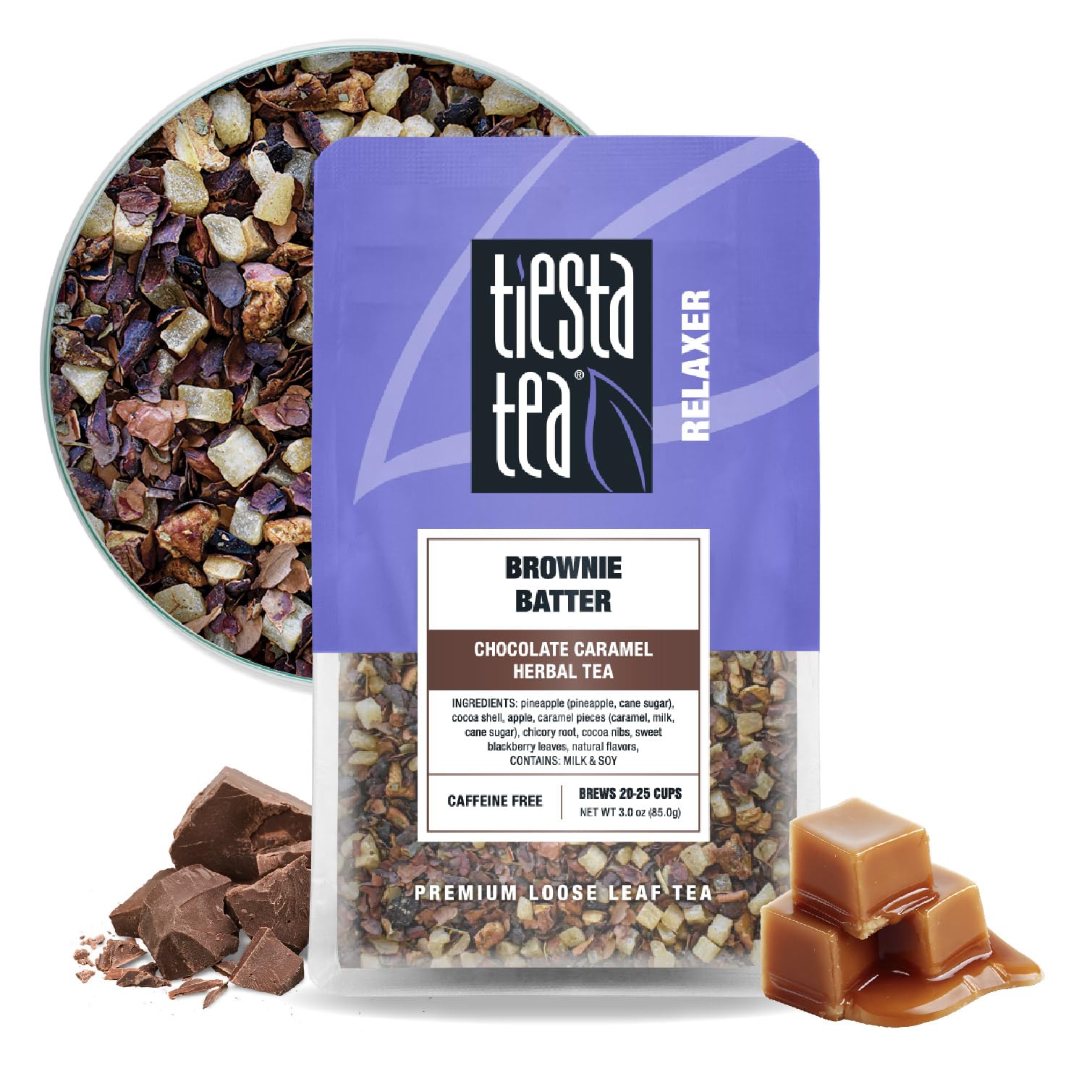 Tiesta Tea Brownie Batter ingredients close-up showing cocoa and fruit for rich flavor notes.