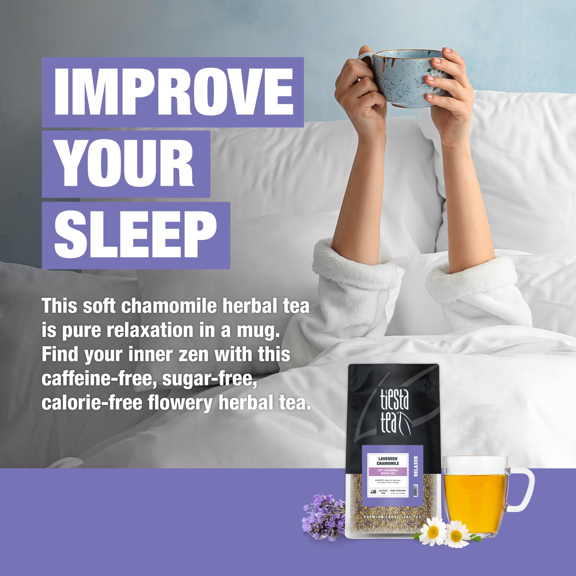 Tiesta Tea Lavender Chamomile caffeine-free herbal blend for evenings.