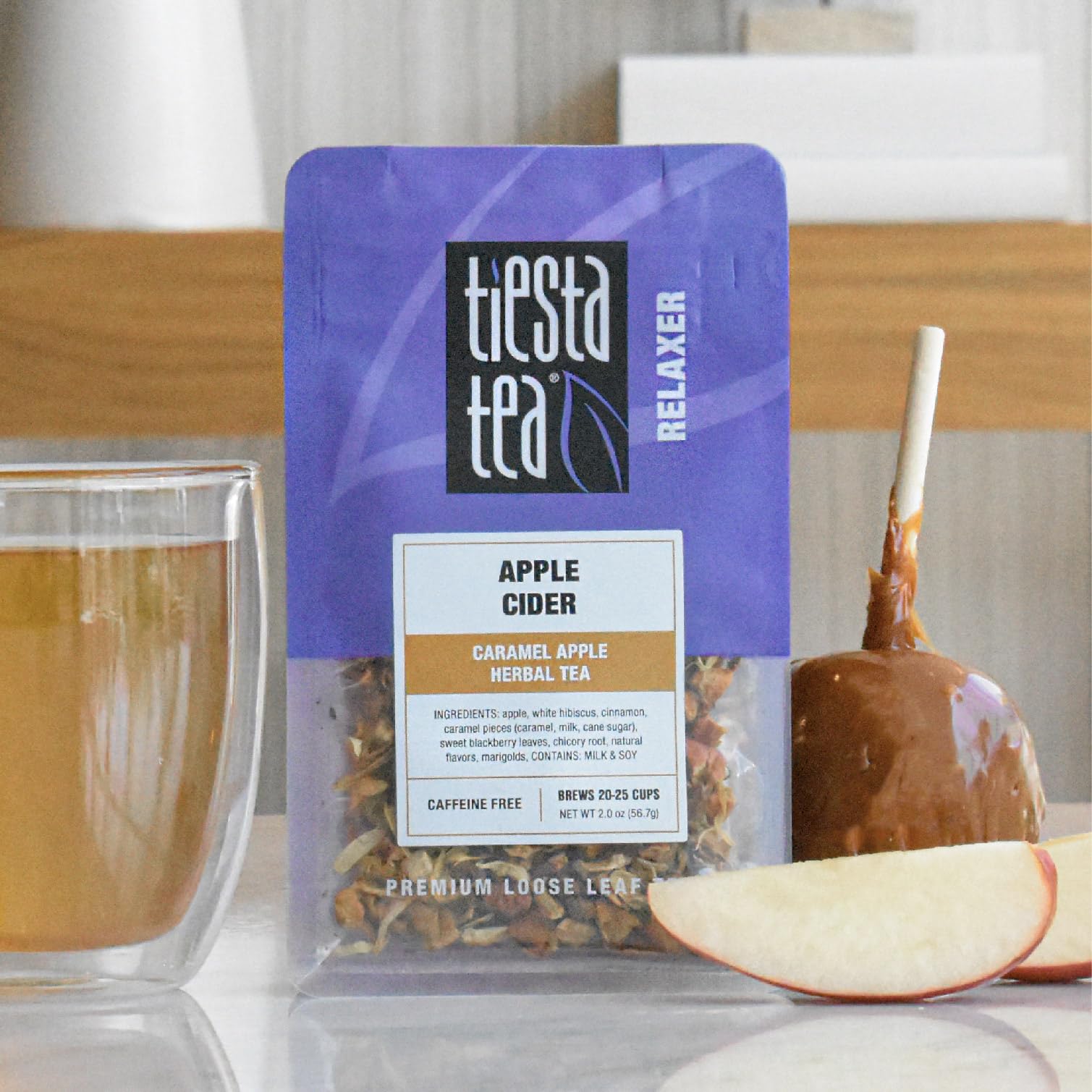 Tiesta Tea caramel-apple-herbal ingredients blend featuring apple and hibiscus for depth.