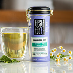 Tiesta Tea Chamomile Mint dried leaf mix highlights balanced aroma for cozy evenings