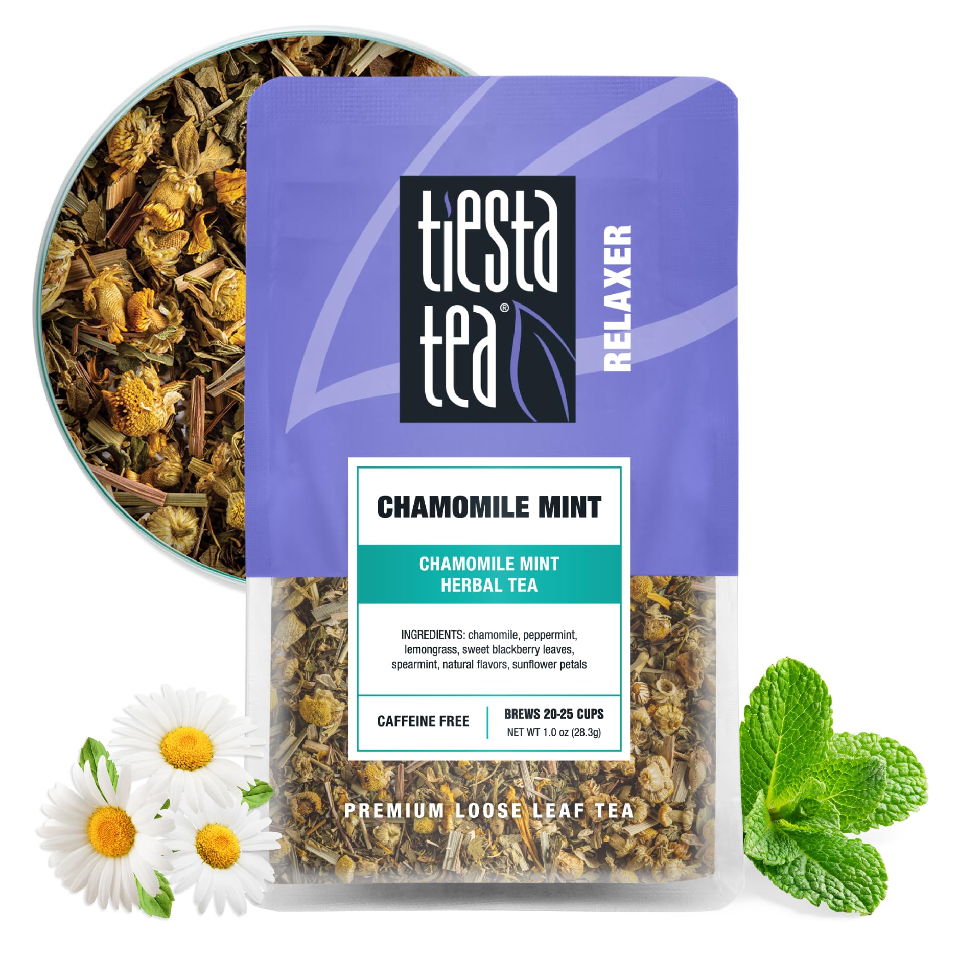 Tiesta Tea Chamomile Mint loose leaf ready for soothing evening brew.