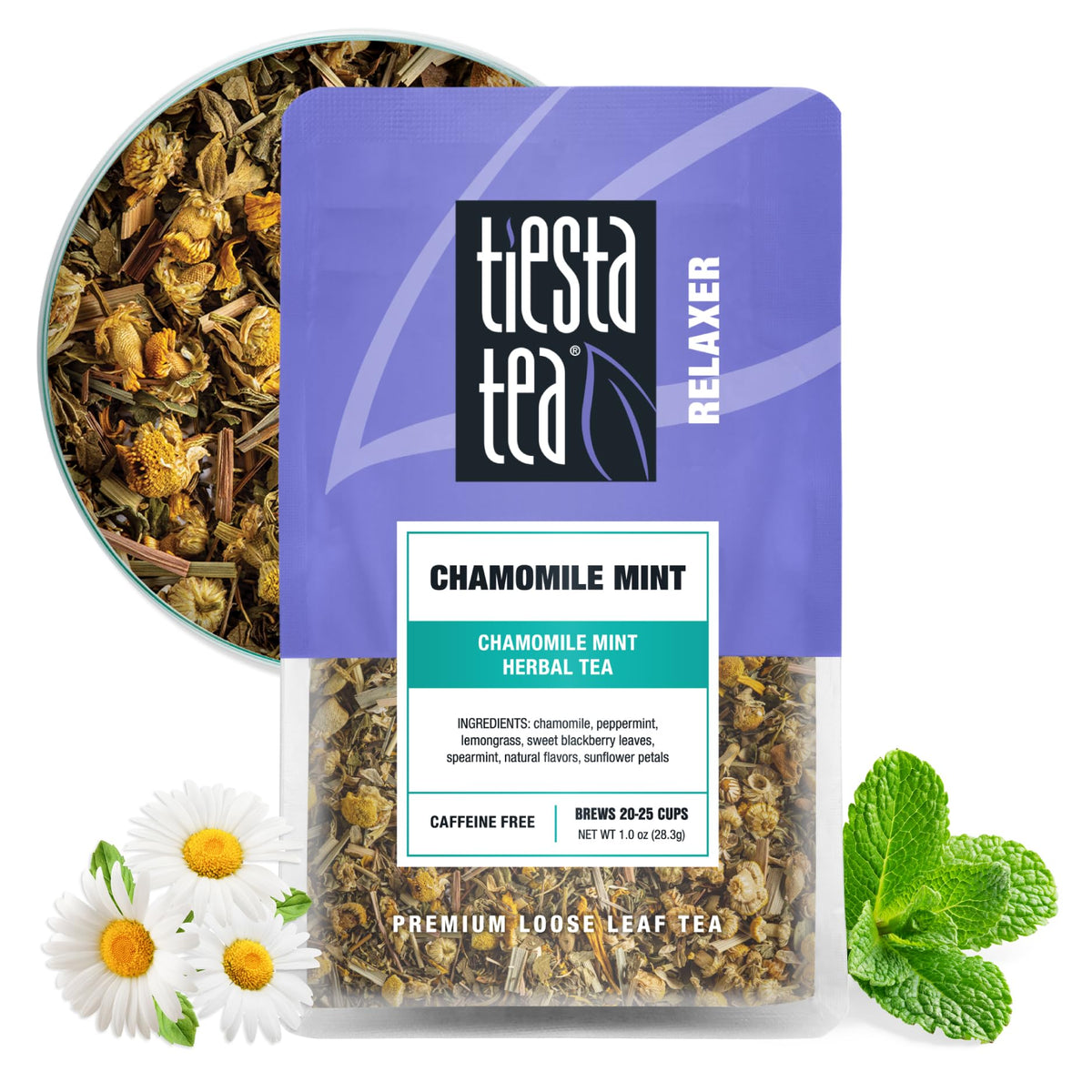 Tiesta Tea Chamomile Mint loose leaf ready for soothing evening brew.