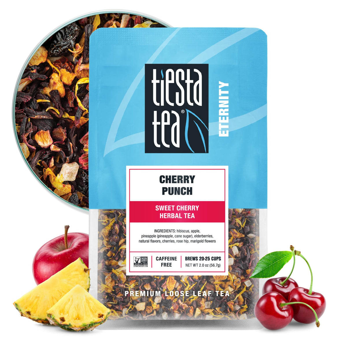 Tiesta Tea Cherry Punch loose leaf close-up showing vibrant leaves for a fragrant brew
