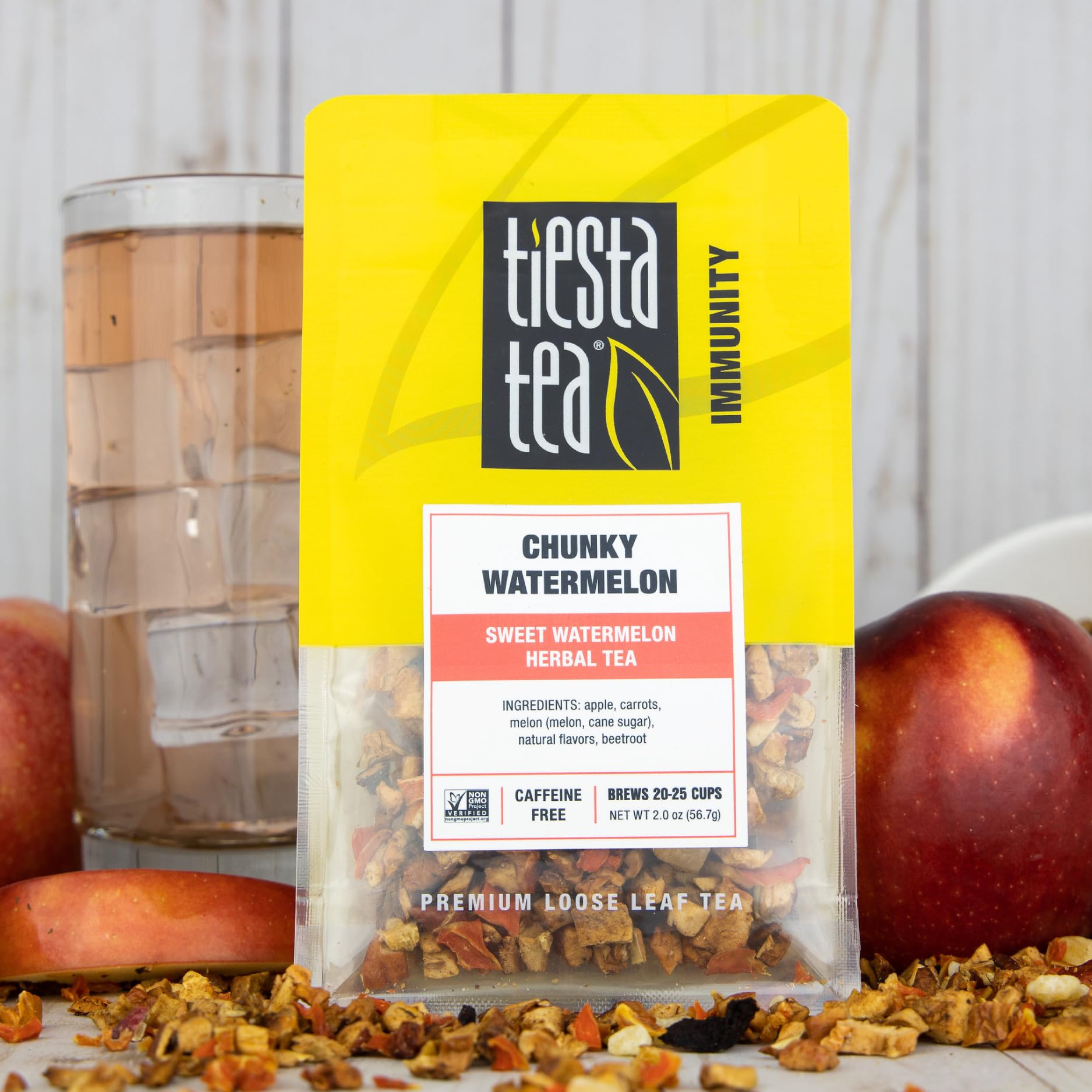 Hot brew of Tiesta Tea Chunky Watermelon fills a mug with inviting aroma.