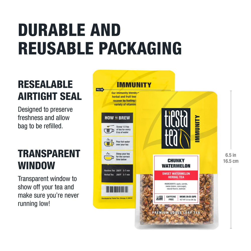 Packaging of Tiesta Tea Chunky Watermelon pouch and label on the counter.
