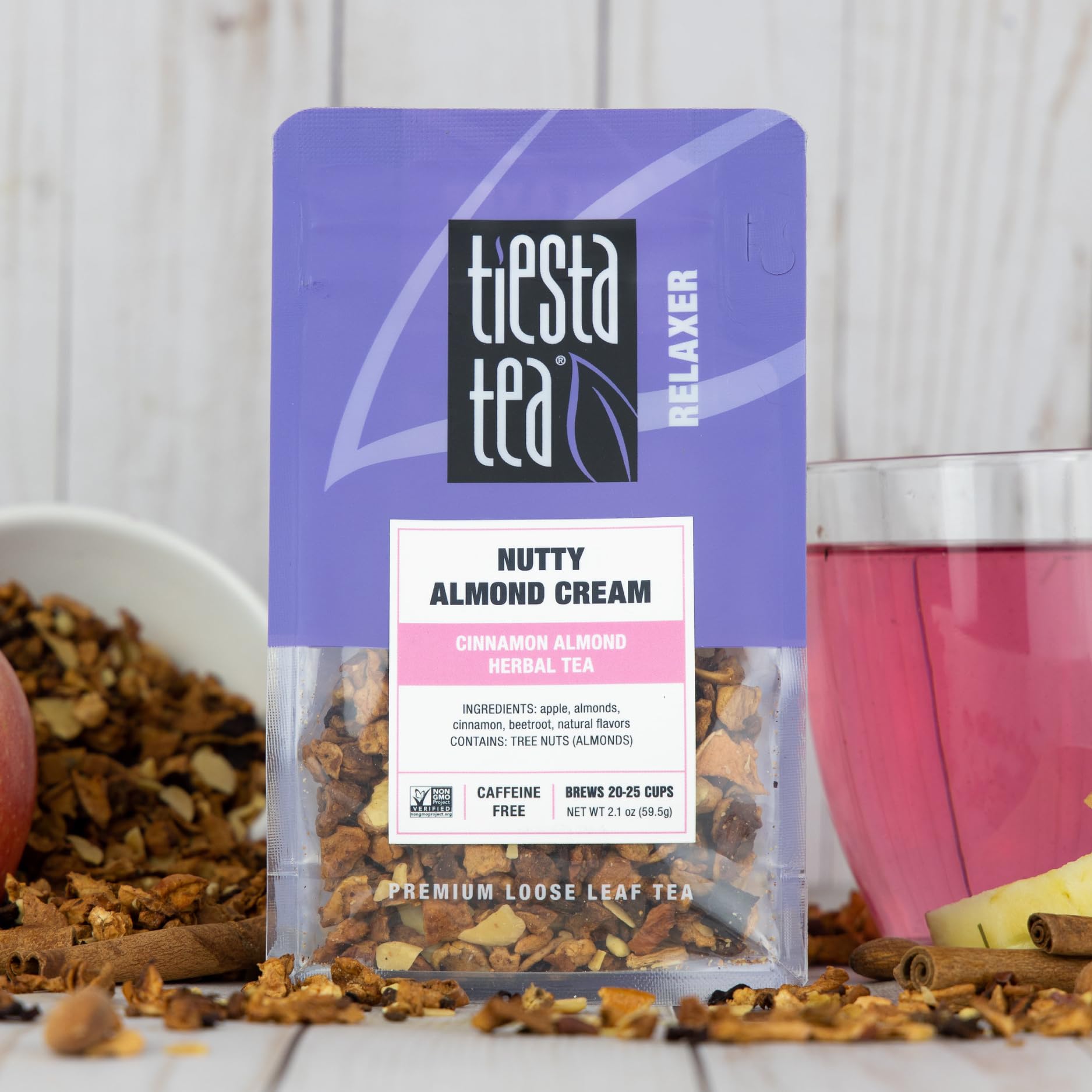 Tiesta Tea Cinnamon Almond Herbal Blend close-up, rich autumn flavors for cozy evenings.