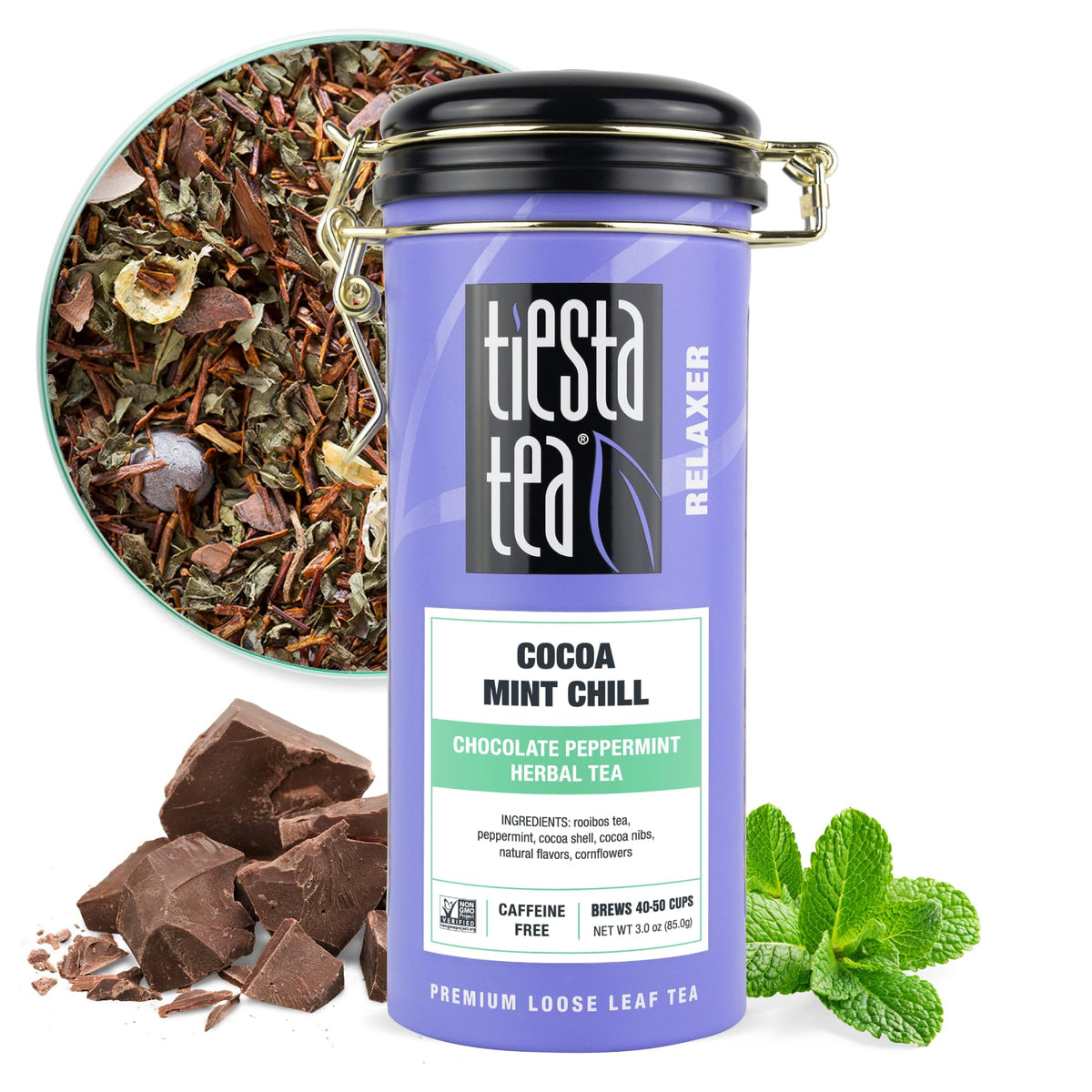 Tiesta Tea Cocoa Mint Chill loose-leaf setup showing aroma and calm flavor