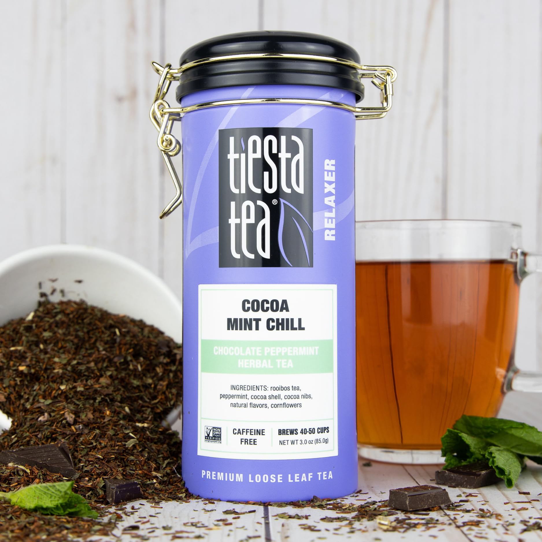 Cocoa Mint Chill rooibos base in a warm cup highlighting caffeine-free ritual
