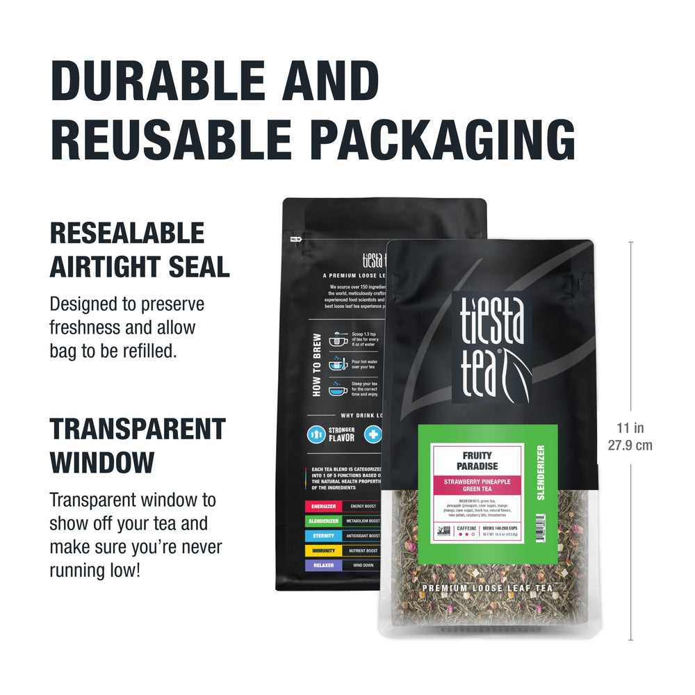 Tiesta Tea countertop setup with bulk pouch and cups for tea lovers