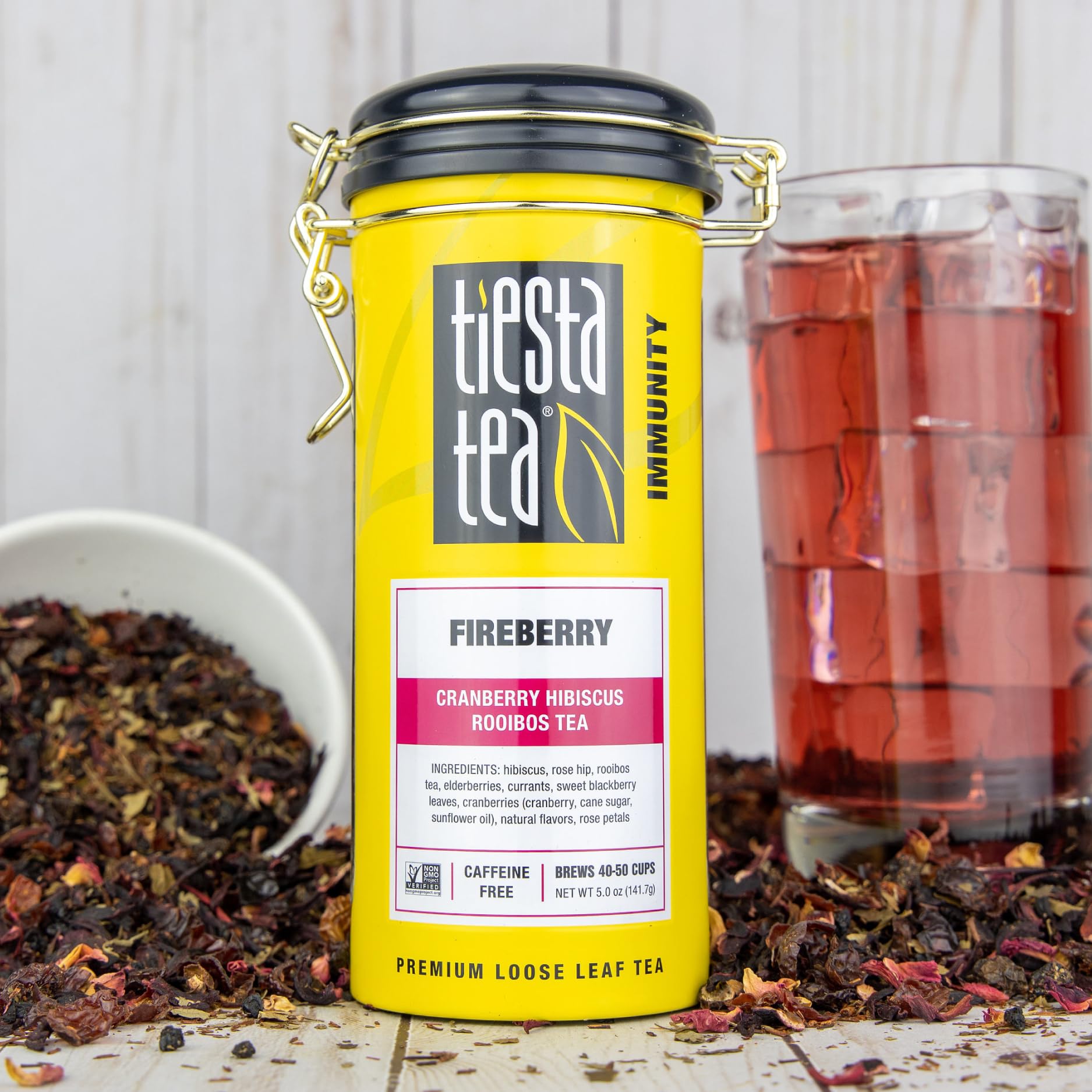 Tiesta Tea Cranberry Hibiscus Rooibos tin shown, keeps freshness for many cups.