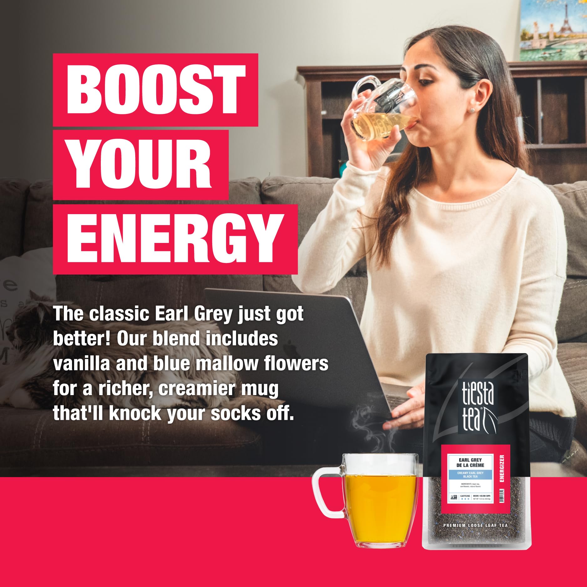 Tiesta Tea Creamy Earl Grey de la Crème hot or iced brew ready.