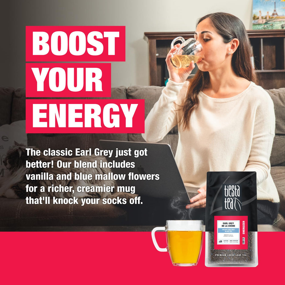 Tiesta Tea Creamy Earl Grey de la Crème hot or iced brew ready.