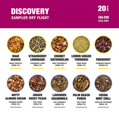 Tiesta Tea Discovery Sampler 20 blends on display for flavor exploration.