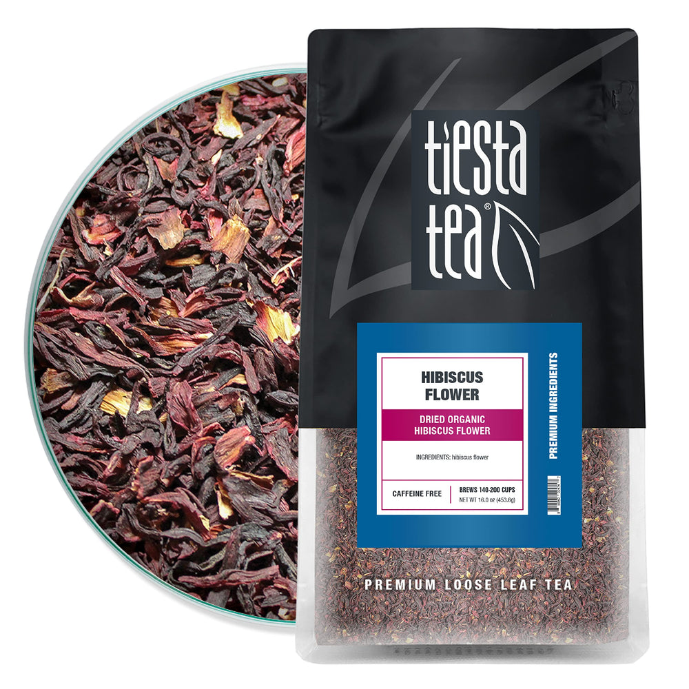 Tiesta Tea dried hibiscus flowers in a bulk bag for vibrant brews.