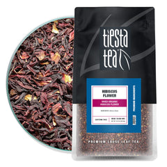 Tiesta Tea dried hibiscus flowers in a bulk bag for vibrant brews.