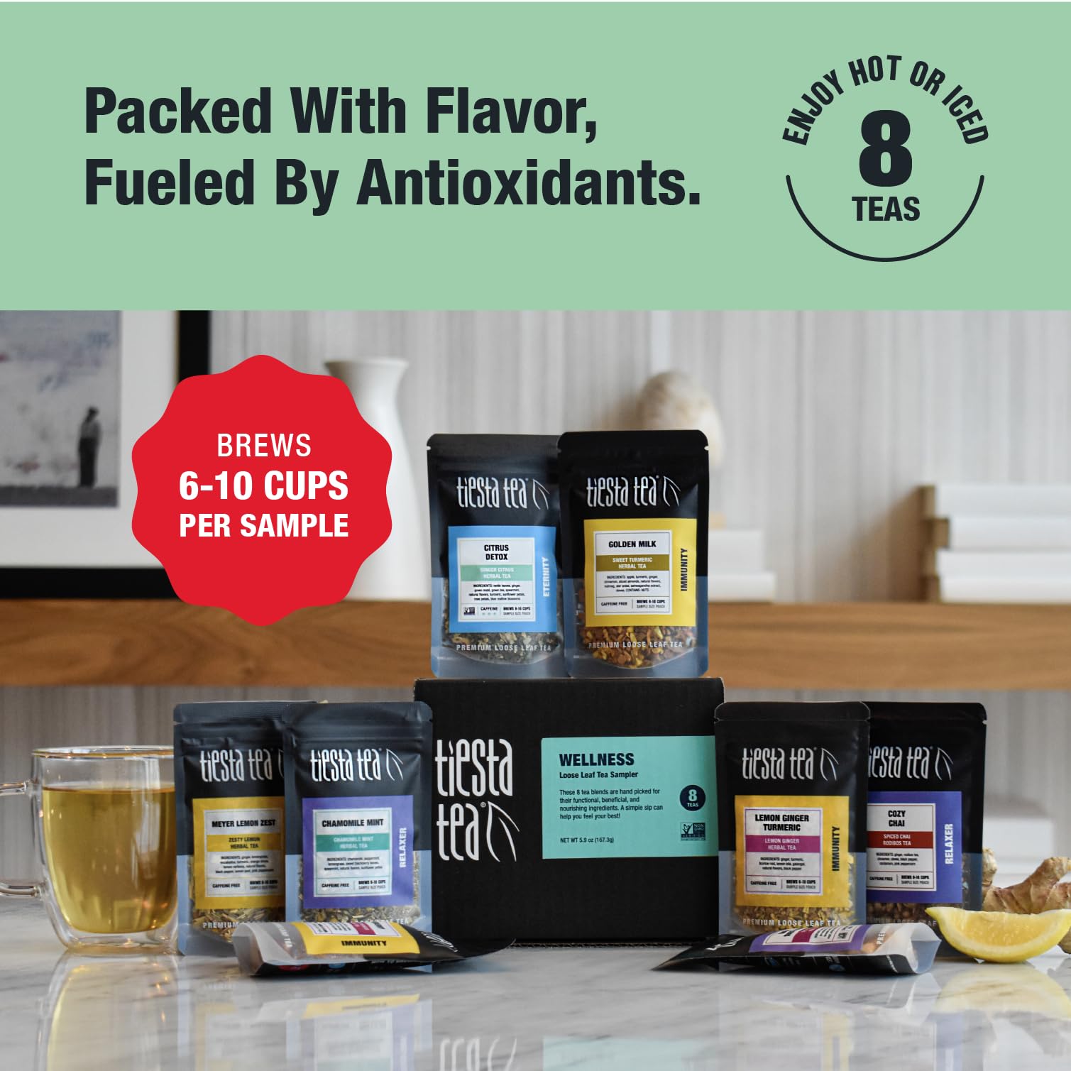 Tiesta Tea Dry Flight sampler pouches arranged for tastings and travel