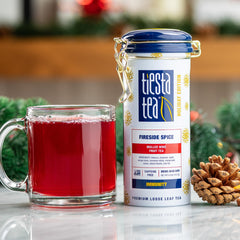 Tiesta Tea Fireside Spice cup with steam for a warm moment.