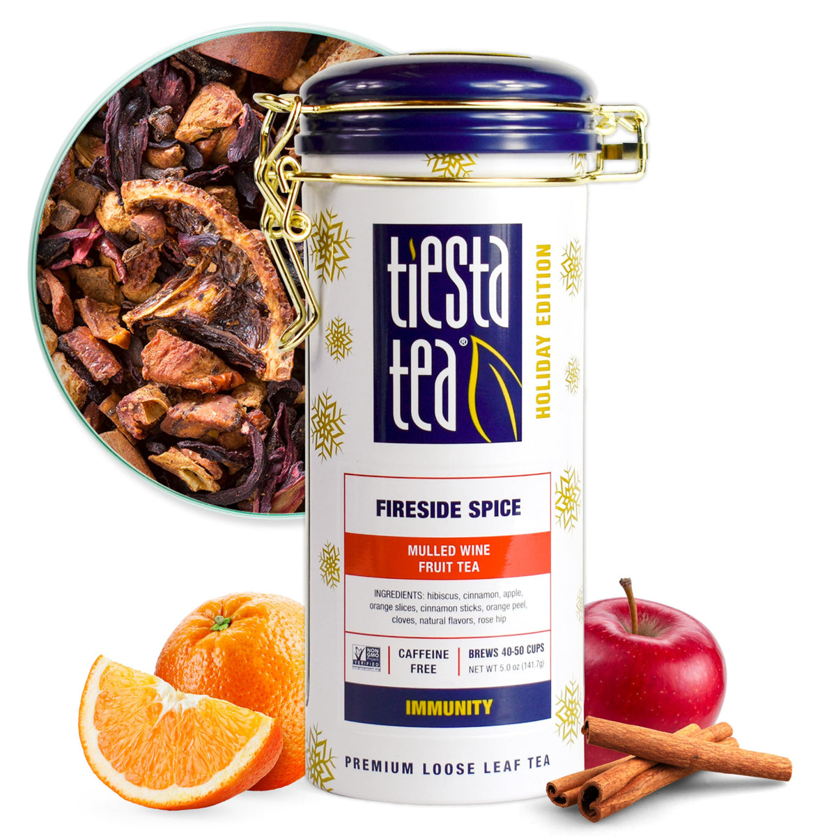Tiesta Tea Fireside Spice tin keeps tea fresh for cozy evenings.