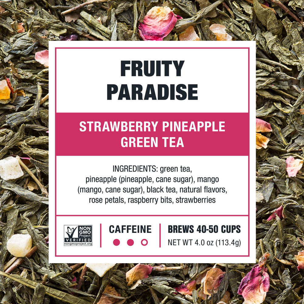 Loose leaves from Fruity Paradise green tea blend ready for brewing