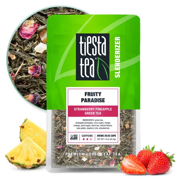 Tiesta Tea Fruity Paradise leaves in a jar offering a refreshing afternoon pick-me-up