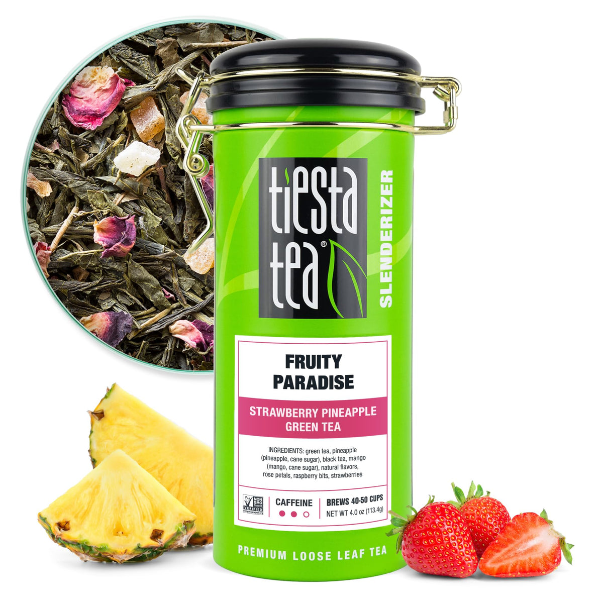 Tiesta Tea Fruity Paradise tin with strawberry pineapple green tea, keeps tea fresh for 40–50 cups