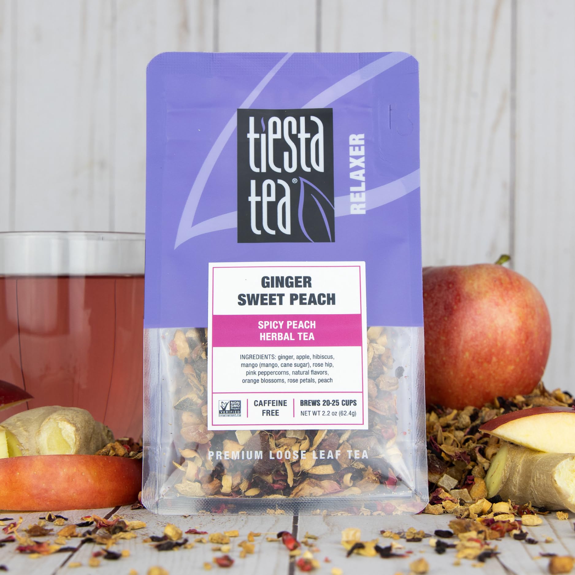Tiesta Tea Ginger Sweet Peach brew setup ready for hot or iced tea.