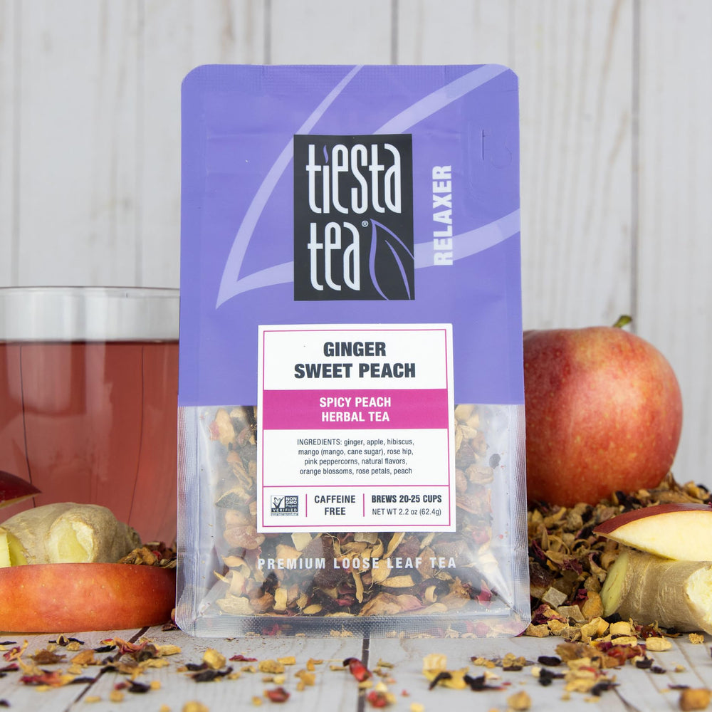 Tiesta Tea Ginger Sweet Peach brew setup ready for hot or iced tea.