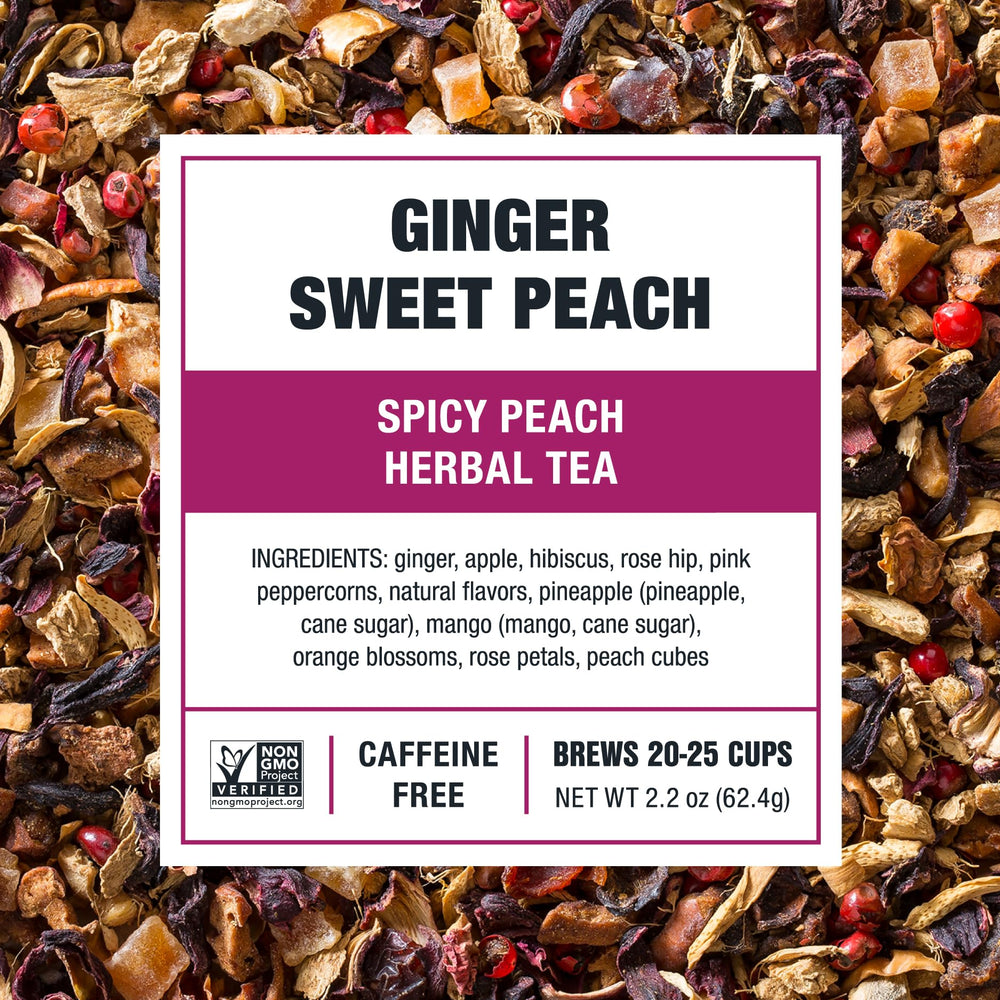 Tiesta Tea Ginger Sweet Peach hot brew in a cup with warm aroma.