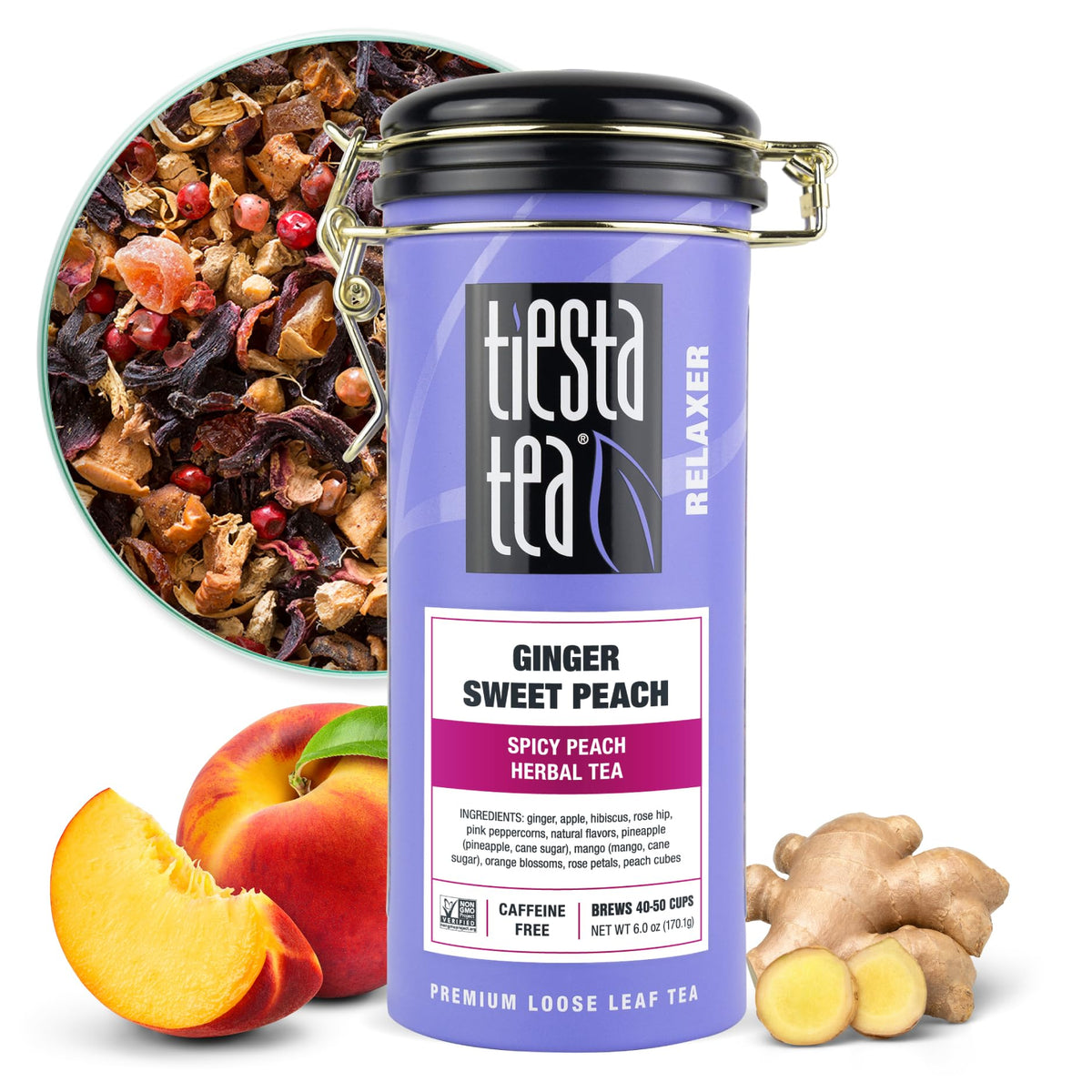 Tiesta Tea Ginger Sweet Peach loose leaf tea in tin, ideal for a cozy morning.