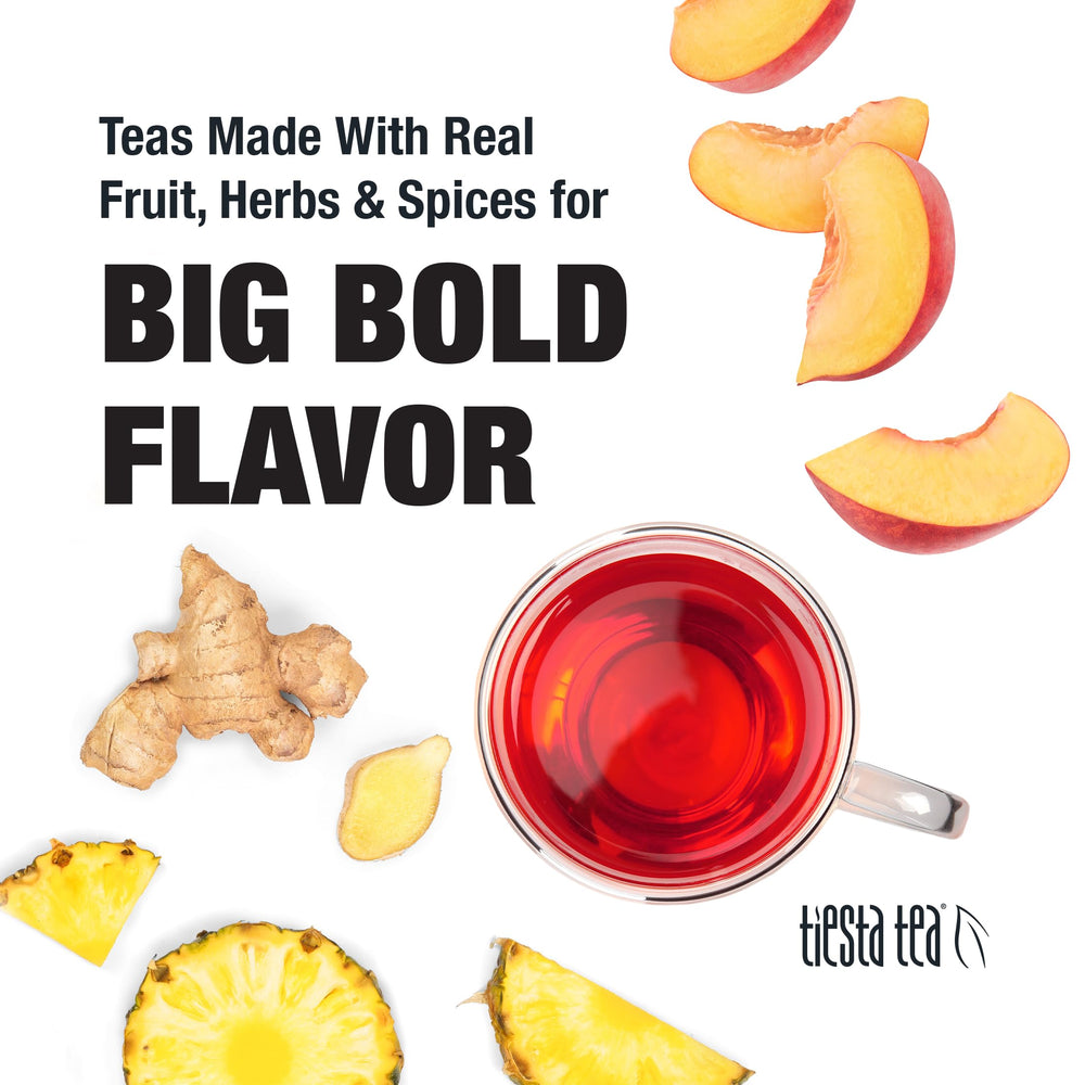 Tiesta Tea Ginger Sweet Peach resealable tin preserves freshness for 25 brews.