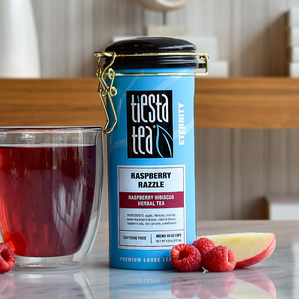 Tiesta Tea hibiscus-raspberry-brew-cup ready for a refreshing sip.