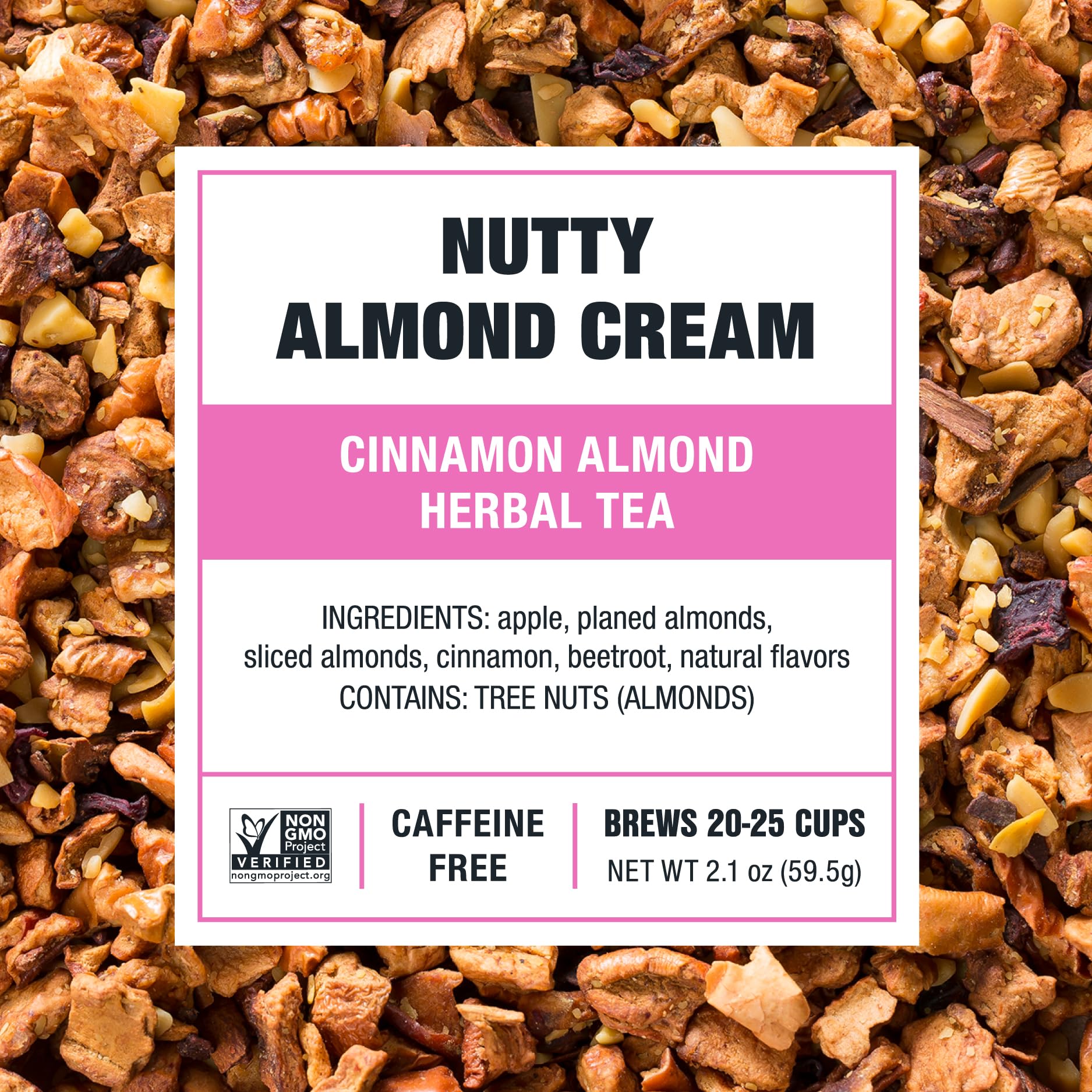 Tiesta Tea hot-brew Nutty Almond Cream in a mug, comforting caffeine-free warmth.