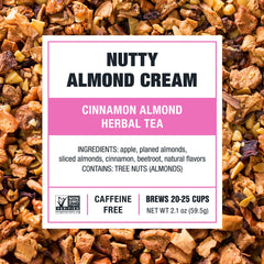 Tiesta Tea hot-brew Nutty Almond Cream in a mug, comforting caffeine-free warmth.