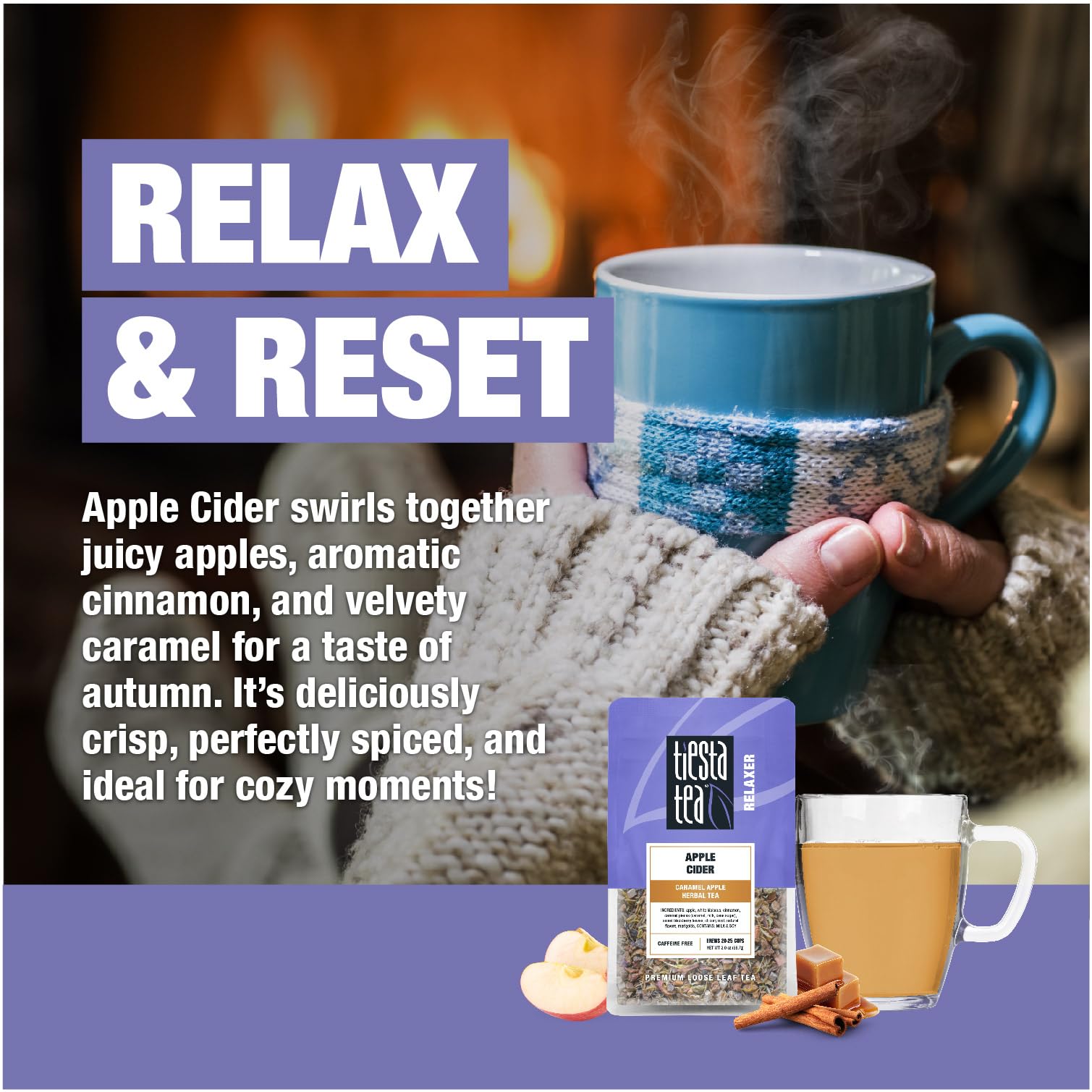 Tiesta Tea brewed cup showcasing hot apple cider flavor and comfort.