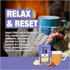 Tiesta Tea brewed cup showcasing hot apple cider flavor and comfort.