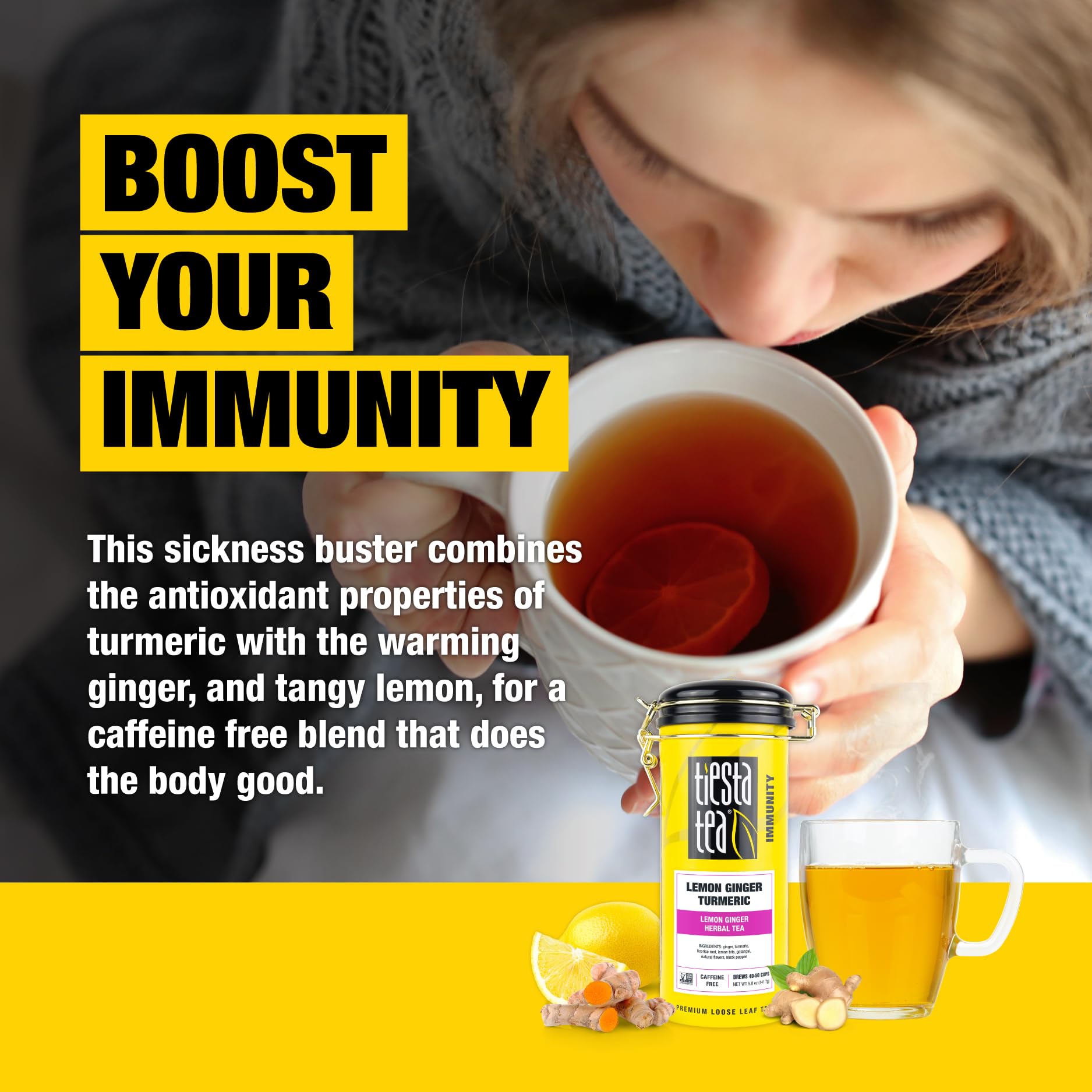 Hot or iced ginger turmeric Tiesta Tea, versatile brew options.